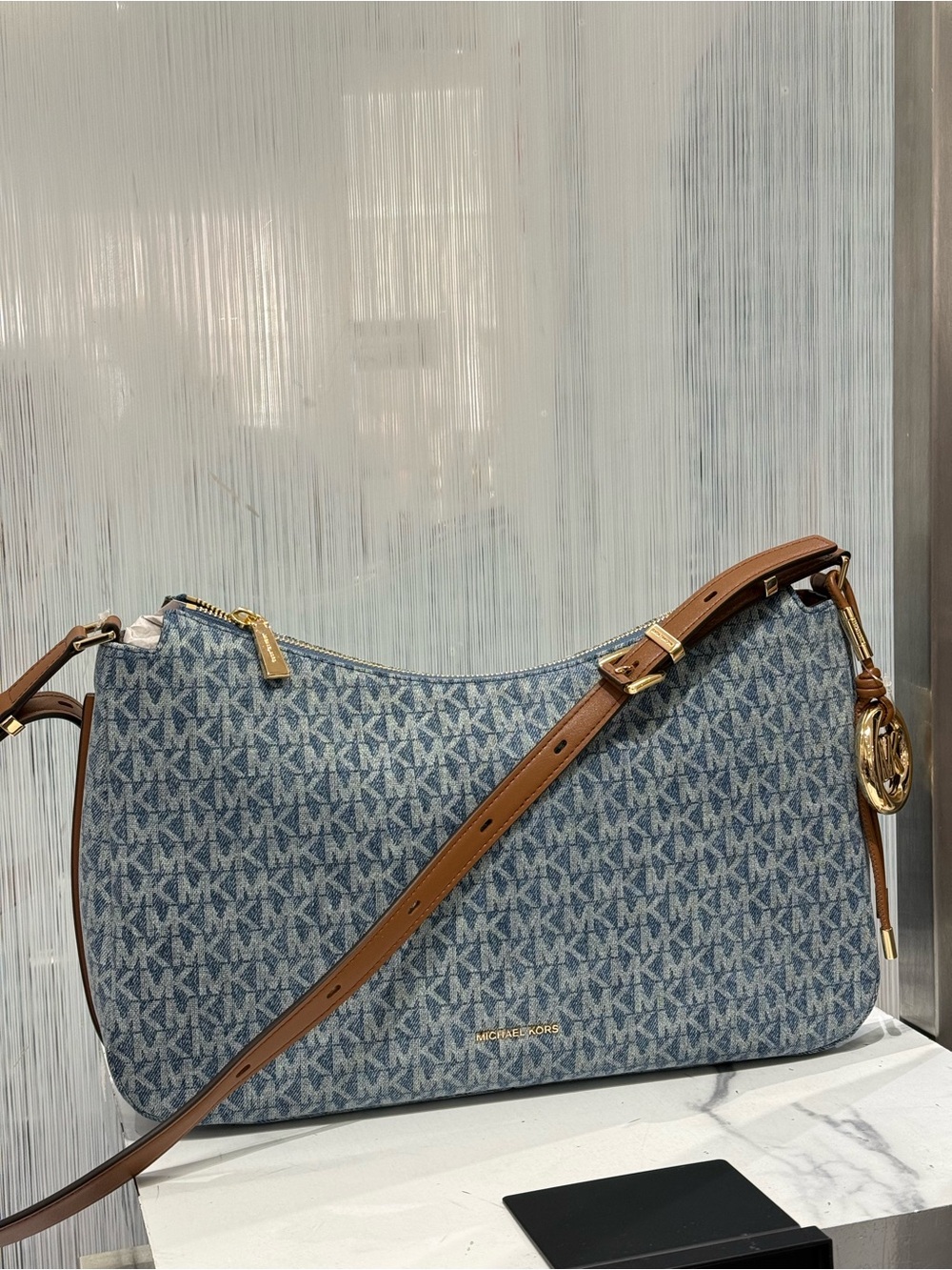 Michael Kors Nolita Medium Signature Logo Print Denim Convertible Shoulder Bag